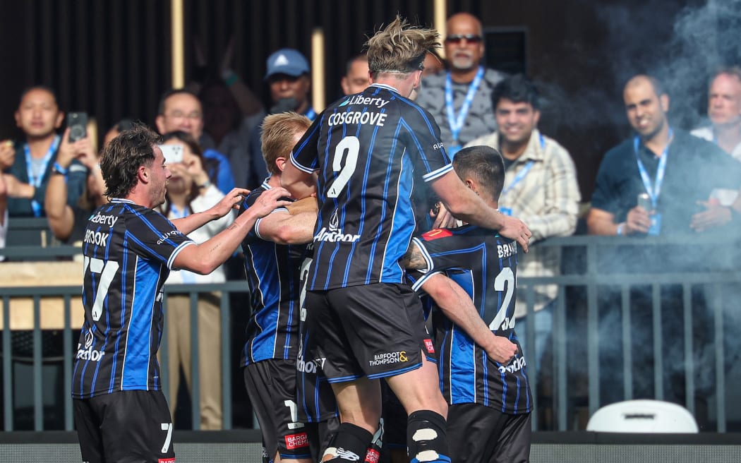 Auckland FC's Jesse Randall scores and celebrates his goal. A-League Men, Round 2, Auckland FC v Western Sydney Wanderers.