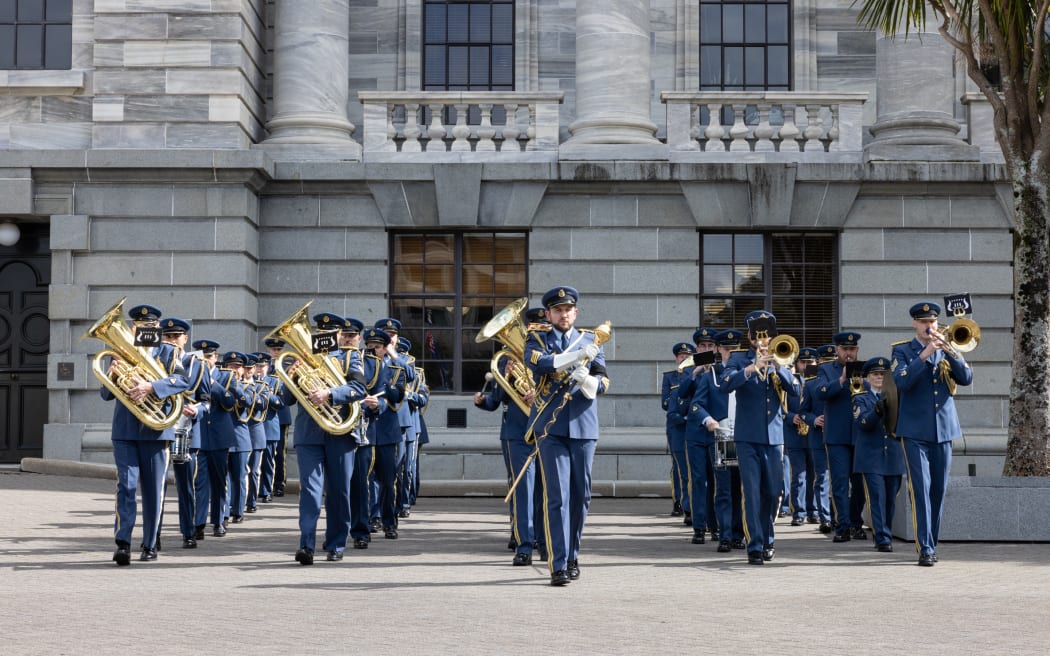 The New Zealand Airforce Band parades at Parliament during the proclamation of the accession of King Charles III.