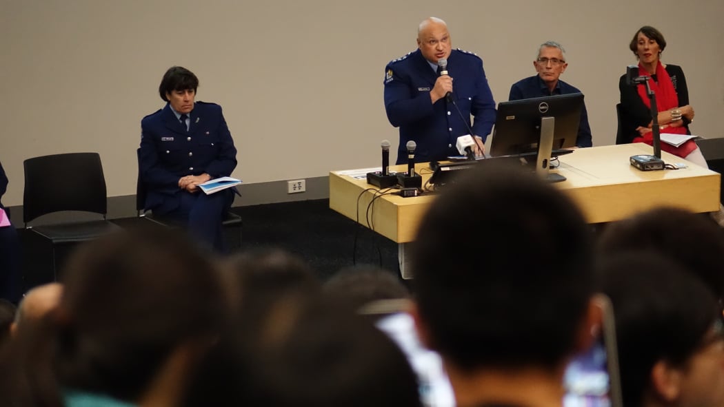 Joe Tipene speaking at a meeting at the University of Auckland on 1 April 2016 prompted by recent violent attacks on international students.