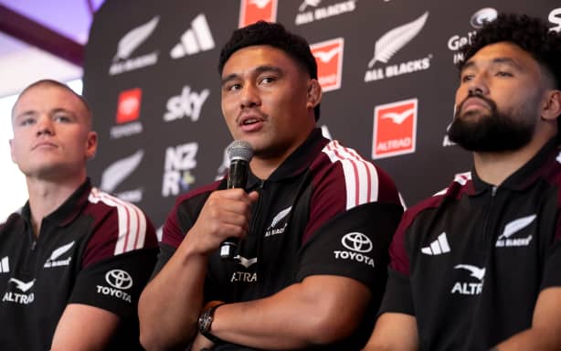 New All Black Xavier Numia (centre) during the All Blacks squad announcement.