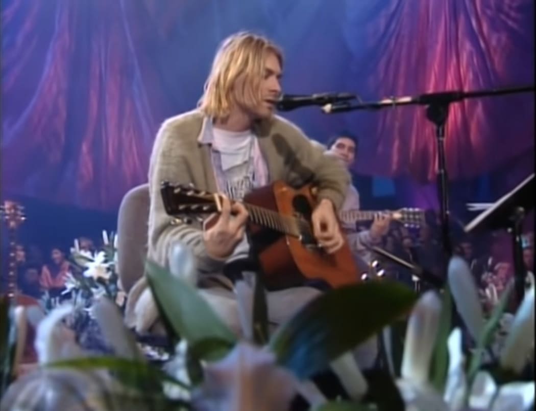 Kurt Cobain performing with Nirvana for  MTV Unplugged, 1993.