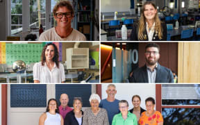 A collage of four headshots of smiling people (two men, one woman and one teenage girl) and a wide shot of eight people clustered together.