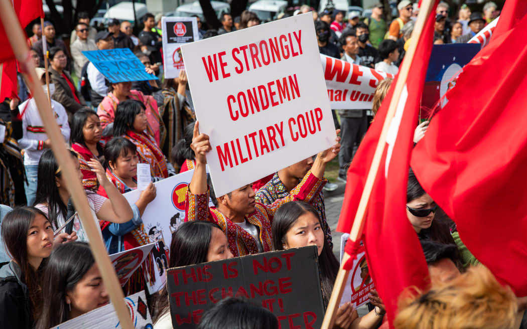 Protesters call on the government to block any Myanmar junta representatives from entering New Zealand for the ASEAN summit, on 9 April, 2024.