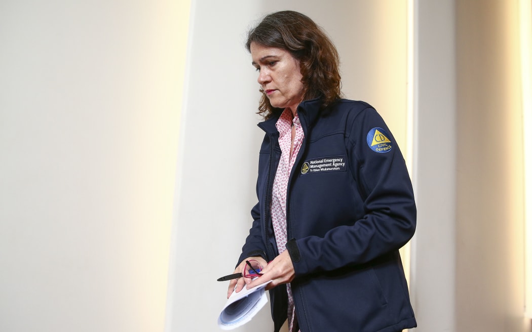 WELLINGTON, NEW ZEALAND - MARCH 31: Director of Civil Defence Emergency Management Sarah Stuart-Black makes an exit after a press conference at Parliament on March 31, 2020 in Wellington, New Zealand.