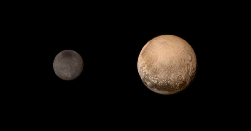 Pluto and Charon display striking color and brightness contrast in this composite image from 11 July.