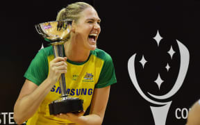 Caitlin Bassett celebrates the Diamonds sixth straight Constellation Cup series win.