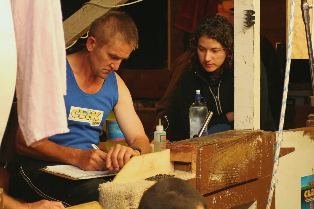 Storm with Digger Balme while working on Emily Welch's world record attempt for shearing lambs.