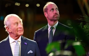 Britain's King Charles III and Britain's Prince William, Prince of Wales arrive to attend the event 'Countdown to COP30: mobilising action for climate and nature' at the Natural History Museum in London on October 9, 2025. The event brings together changemaker’s tackling climate change and nature loss, ahead of the COP30 Summit in Belem in November. (Photo by HENRY NICHOLLS / POOL / AFP)