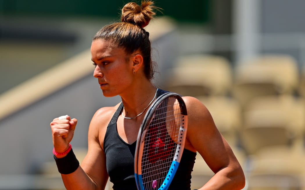Maria Sakkari (Greece) in action in the quarterfinals of the 2021 French Open in Paris.