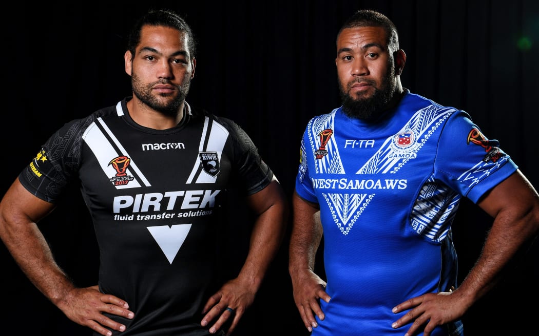 New Zealand captain Adam Blair and Samoa captain Frank Pritchard.