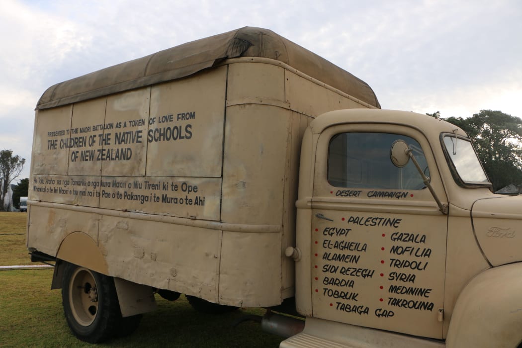 The canteen Te Rau Aroha, on display at the Waitangi Treaty grounds, lists on both sides the places that it has followed the Māori Battalion to.