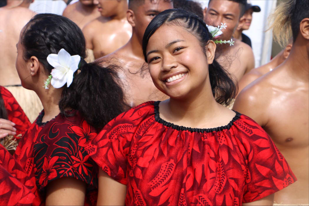 A member of the Niue team from Alfriston College at Polyfest 2021 gets ready for the stage.