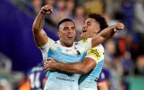 Erin Clark of the Titans celebrates on full-time during the round eight NRL match between New Zealand Warriors and Gold Coast Titans.