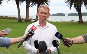 Labour leader Chris Hipkins speaks to the press on 4 February 2026 at Waitangi.