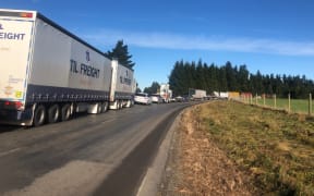 A buildup of trucks on  the Arundel-Rakaia Gorge Road which bypasses SH1 through Ashburton.