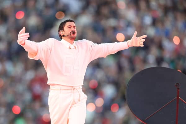Bad Bunny performs onstage during the Apple Music Super Bowl LX Halftime Show at Levi's Stadium on February 08, 2026 in Santa Clara, California.