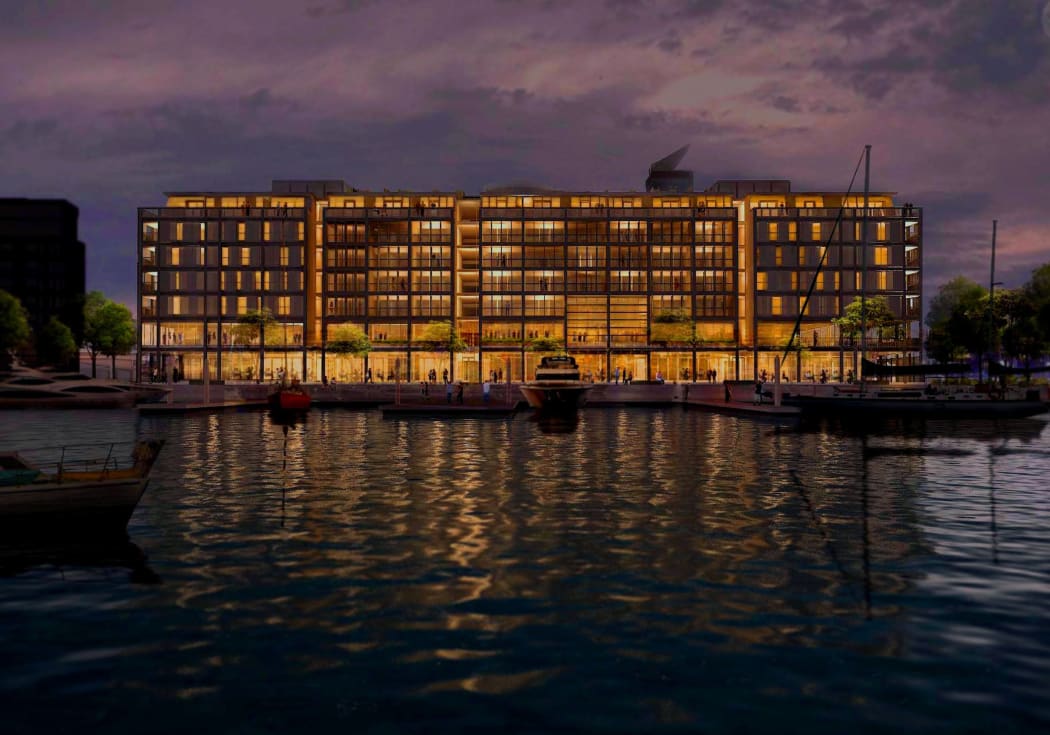 An artist's impression of the $200 million Park Hyatt on Auckland's waterfront at night.