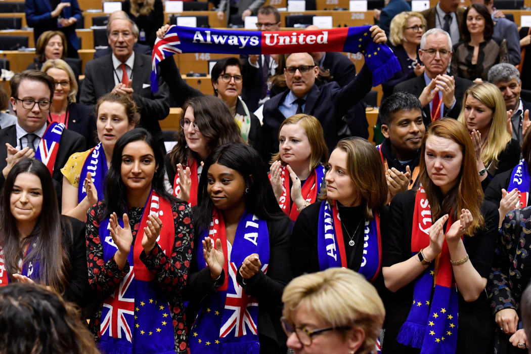 Members of Group of the Progressive Alliance of Socialists and Democrats in the European Parliament during a ceremony at the Europa Building in Brussels, on January 29, 2020.