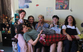 The New New collective grab a moment to relax on the set of their short film Instant Film. From left to right: Sarah Penny, Robin Merlaine, Goose, Esther Schubert, Guy Van Egmond and Stevie Goodwin (in front).