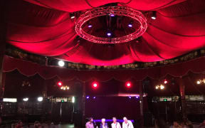 William Ray, Dame Fiona Kidman, Mark Deby and Vincent O'Malley speaking at the Bread and Circus World Busker's Festival in Christchurch