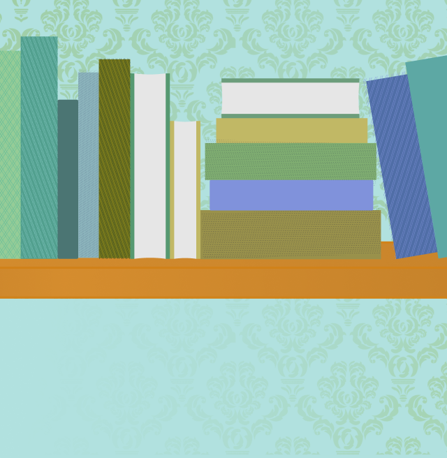Illustration of a bookshelf lined with colorful books in various shades of green, blue, and yellow. The books are arranged both upright and stacked horizontally in the center. The background features a light blue patterned wallpaper with a vintage-style damask design.