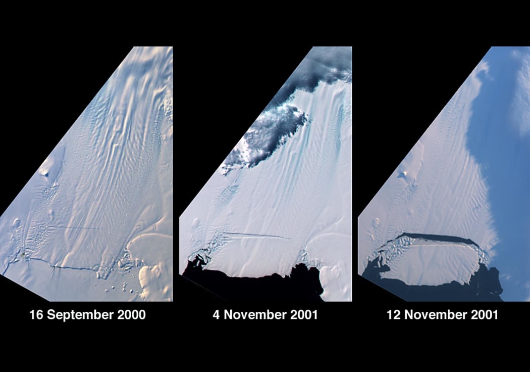 The break-off of a large tabular iceberg from the Pine Island Glacier in West Antarctica.  Pine Island Glacier is the largest discharger of ice in Antarctica and the continent's fastest moving glacier.
