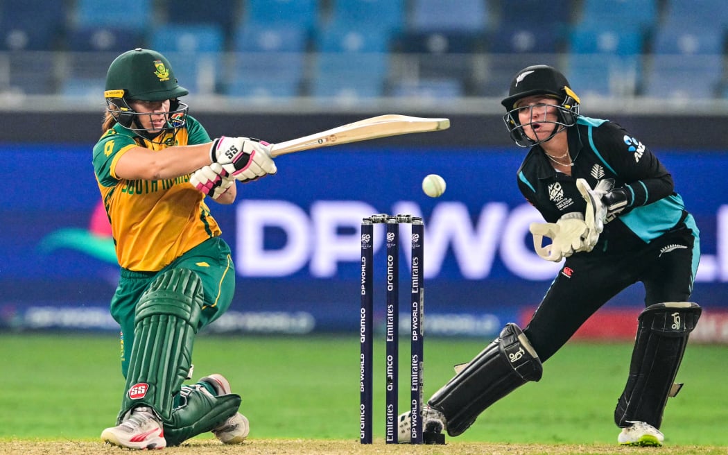 South Africa's Nadine de Klerk plays a shot during the ICC Women's T20 World Cup cricket final match between South Africa and New Zealand at the Dubai International Cricket Stadium in Dubai.