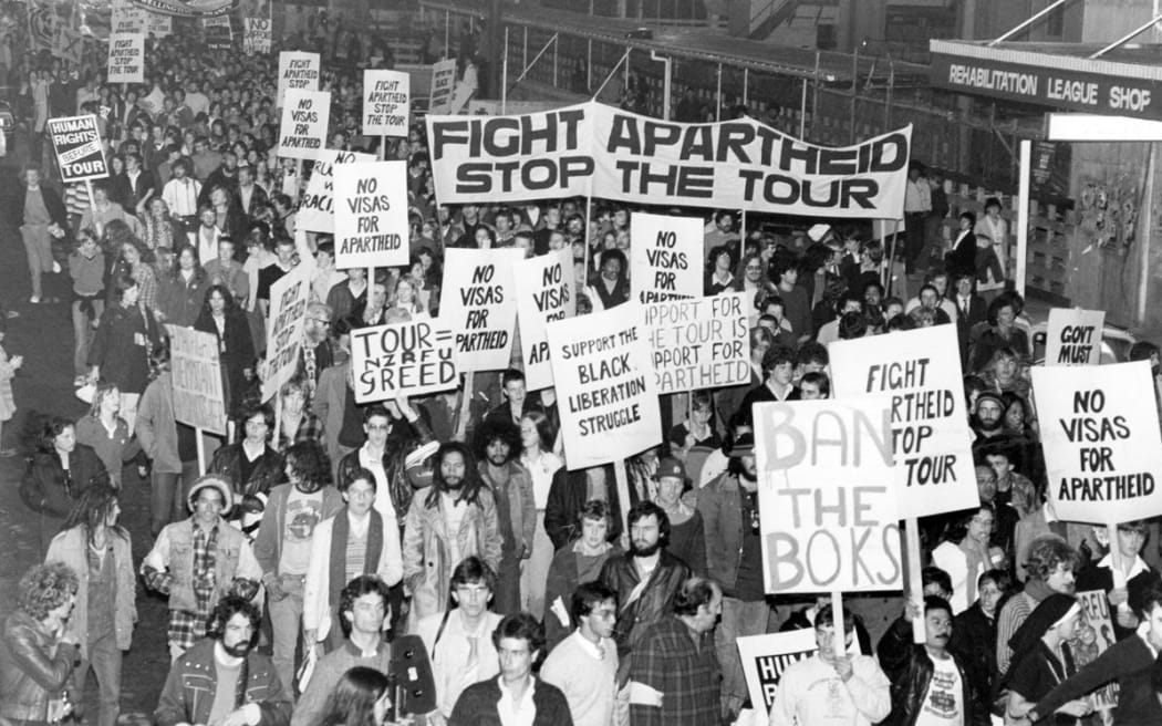 Anti Springbok tour protesters march through the streets of Wellington in 1981