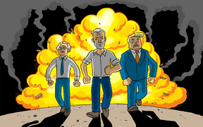 Bernie Sanders, Jeremy Corbyn and Donald Trump stride forward - flames and chaos behind them.