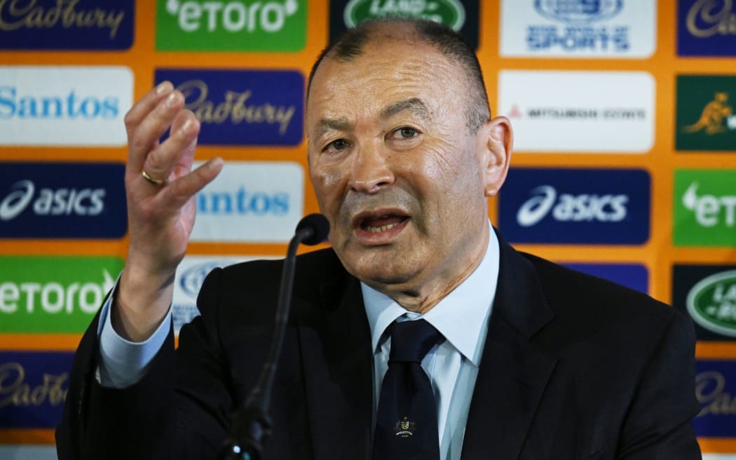 Newly appointed Wallabies head coach Eddie Jones (centre) speaks to media during a press conference at his former school Matraville Sports High School in Sydney, Tuesday, January 31, 2023. (AAP Image/Dean Lewins/ www.photosport.nz