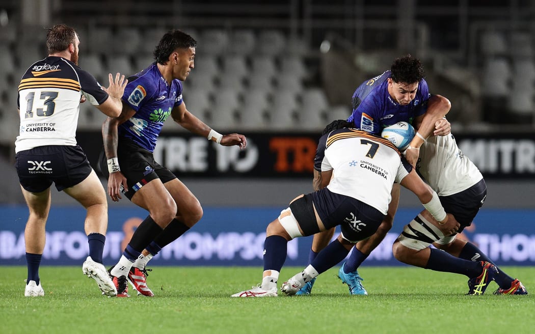 Bryce Heem of the Blues during the round 9 Super Rugby Pacific match between the Blues and ACT Brumbies at Eden Park in Auckland, New Zealand on Saturday, April 20, 2024. Photo: David Rowland / www.photosport.nz