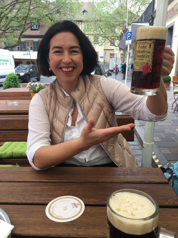 Clarissa Dunn enjoying a Rauchbier in Bamberg.