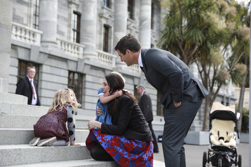 Jacinda Ardern sworn in as the 40th Prime Minister of New Zealand. Jacinda Ardern and Clarke Gayford with Jacinda's nieces outside Parliament.