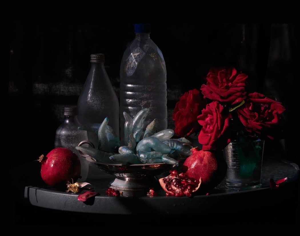 My Mother's Roses, Pomegranates and Silver Platter of Ihumoana, Ripiro Beach 2013 by Fiona Pardington