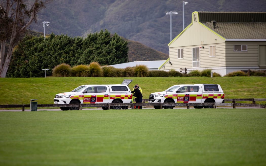 Emergency services at the scene of a fatal car fire in Lower Hutt, September 2025.