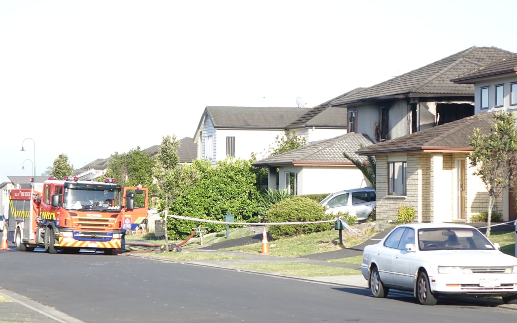 The scene of the fatal fire in Flatbush in Auckland, which claimed three lives.
