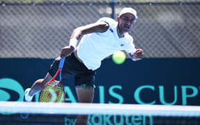 Ajeet Rai of New Zealand during his Davis Cup match. Wilding Park, Christchurch, New Zealand. Saturday 4 February 2023.