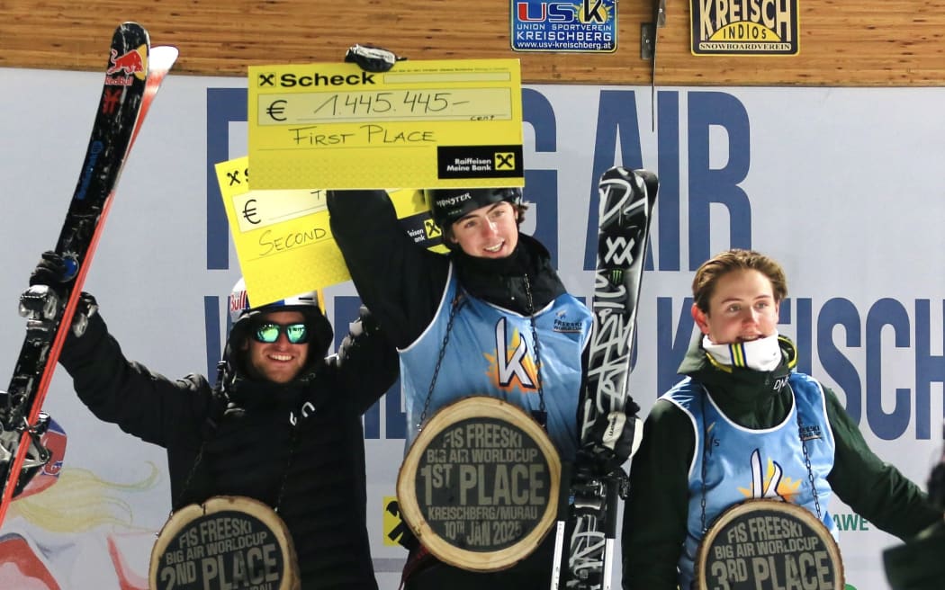 New Zealand's Luca Harrington on the podium after a World Cup Freeski Big Air win in Austria, 2025.