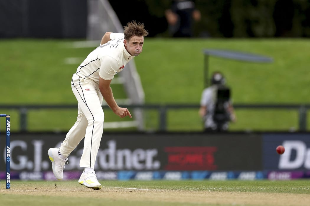 New Zealand's Tim Southee bowls during day three of the first cricket Test match between New Zealand and South Africa at Hagley Oval in Christchurch on February 19, 2022.