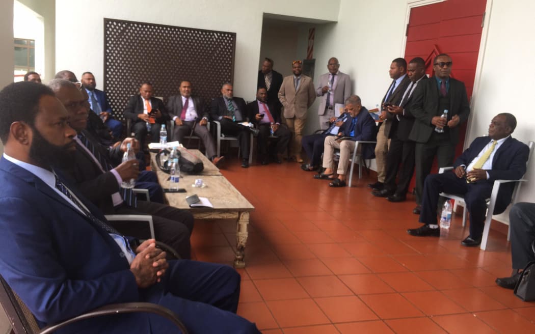 Vanuatu opposition MPs outside parliament chamber on Tuesday morning after a government boycott thwarted their plans to move a motion of no confidence against the leadership of prime minister Bob Loughman. 16 August 2022