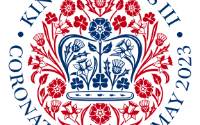 Round logo design with crown and flowers central, words around the outer circle: King Charles III Coronation 6th May 2023.