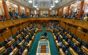 MPs and visitors stand in silence in Parliament's debating chamber to mark the death of new MP Fa'anānā Efeso Collins.