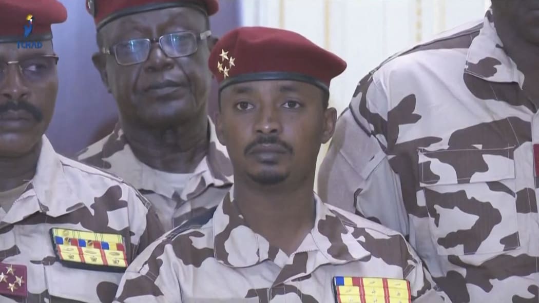 This video grab obtained by AFPTV from Tele Tchad on April 20, 2021 shows Mahamat Idriss Déby, 37, the son of slain Chadian President Idriss Déby Itno, at the announcement of the death of his father in N'Djamena.