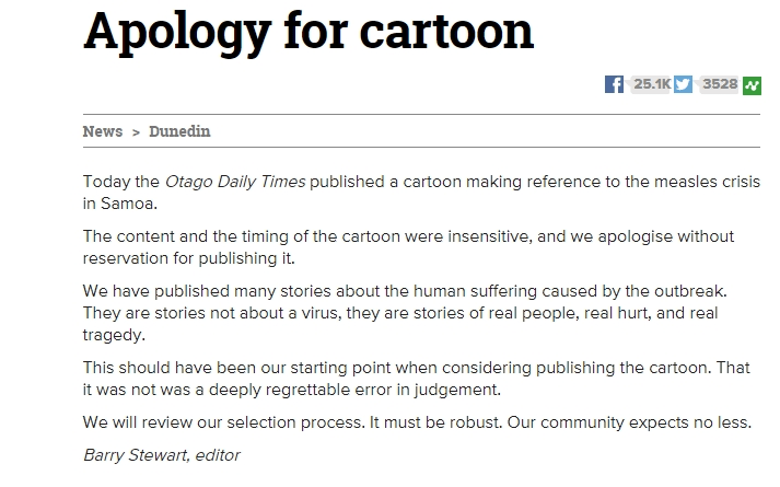 Otago Daily Times cartoon apology