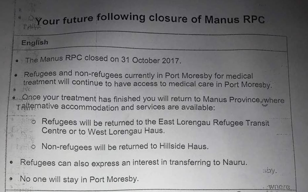 The note given to Manus Island detainees in Port Moresby.