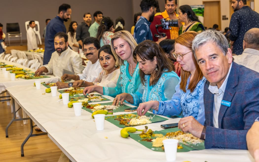A traditional sadhya can comprise around 24–28 vegetarian dishes served as a single course, all presented on a banana leaf.