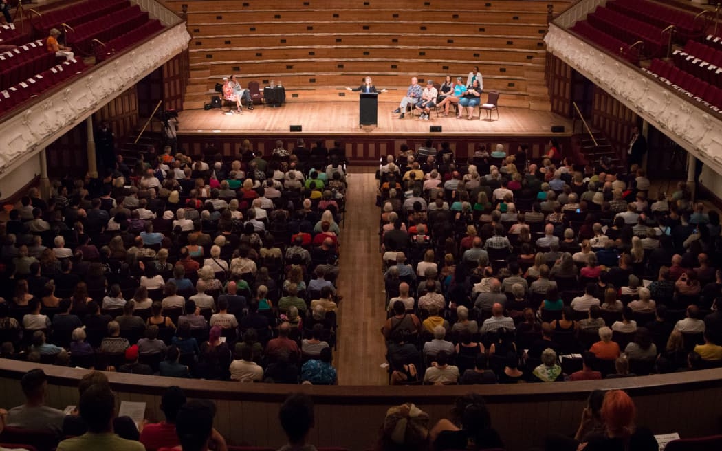 Lori Wallach speaking to an anti-TPP meeting in Auckland on Tuesday 26 January.