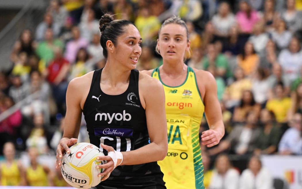 Phoenix Karaka of New Zealand during the Constellation Cup netball match between the New Zealand Silver Ferns and the Australian Diamonds at the Gold Coast Convention & Exhibition Centre on the Gold Coast, Sunday, October 23, 2022. (AAP Image/Dave Hunt/ www.photosport.nz
