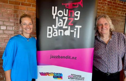 Fay Amaral - Youthtown's chief executive - with Rodger Fox at the Young Jazz Band-it launch