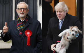Labour Party leader Jeremy Corbyn, left) and PM Boris Johnson, carrying his dog Dilyn, at polling stations.
